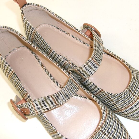 Neutral Tan Black & Green Houndstooth Check‎ Plaid Mary Jane Pump Shoes 6.5 - Picture 5 of 6